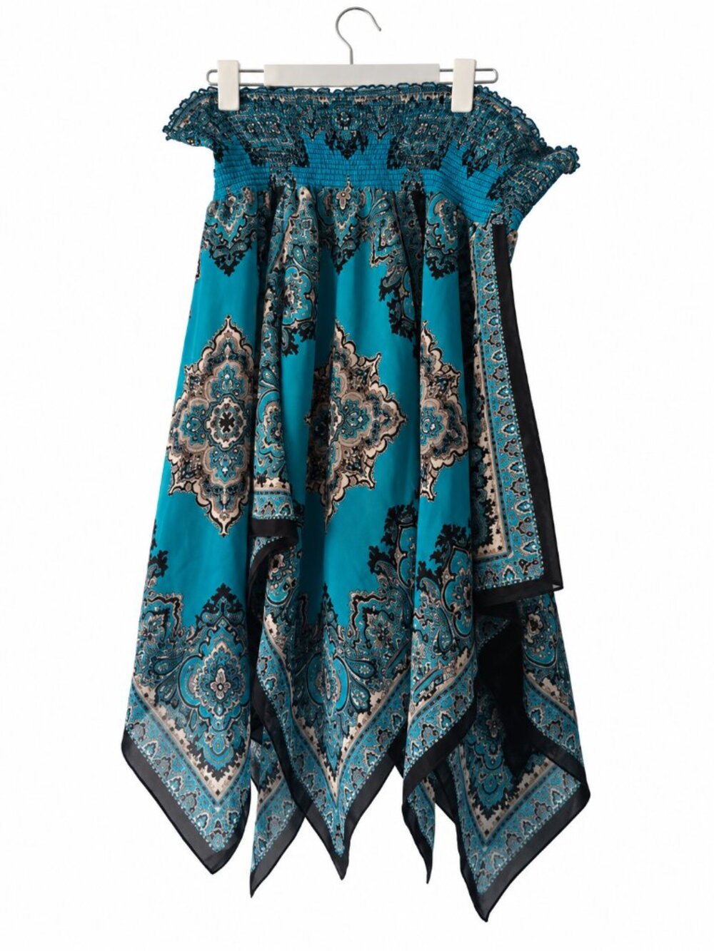 Cache Blue Paisley Off Shoulder Smocked Handkerchief Hem Dress Y2K Boho S